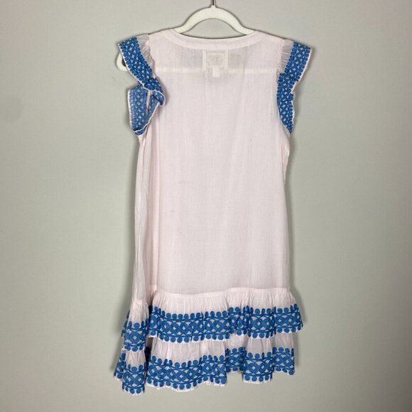 Sail to Sable Flutter Sleeve Dress in Blush Pink Blue Embroidered Ruffles Tiered - Picture 7 of 11